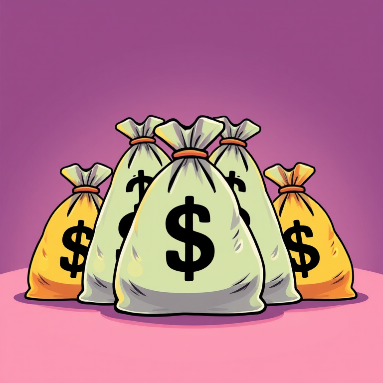 Create a vibrant cartoon-style illustration of stacked money bags with dollar signs, high contrast, sharp focus, 50mm lens, f/2.8 aperture, ISO 100, front view, flat lay perspective, bright lighting.