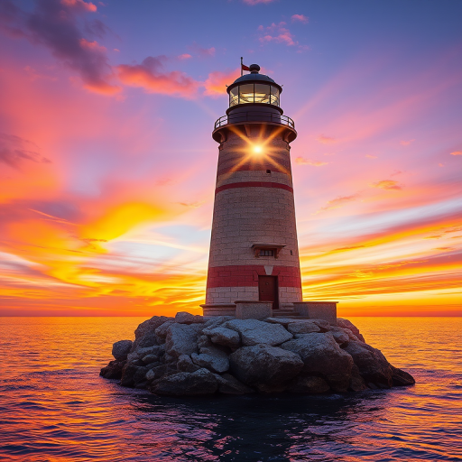 Generate an image of a tall lighthouse perched on a rocky outcrop surrounded by calm ocean waters during a breathtaking sunset. The lighthouse stands sturdy and weathered, its stone surface illuminated by the warm golden light of the setting sun. The sun's rays pass directly through the glass lantern room at the top of the lighthouse, casting a brilliant light across the scene. The sky is painted with vibrant shades of orange, pink, and purple, reflecting off the tranquil sea. The surrounding water shimmers with the same warm hues, creating a serene and majestic atmosphere.