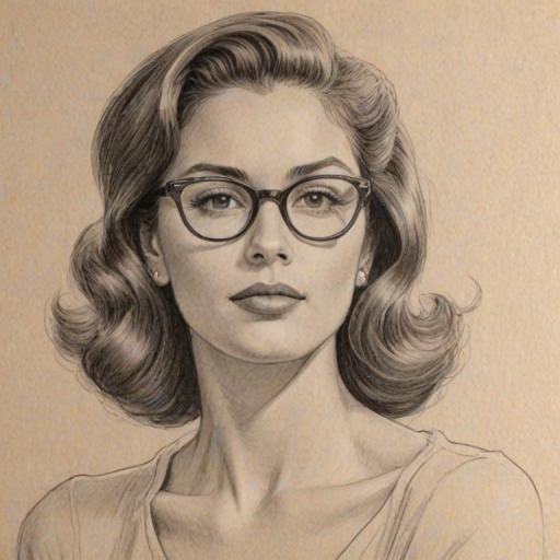 Comely Eve Mendes, pencil sketch, portrait of Stunning woman 1944s in glasses, hair style beatnik, outline, clear lines, fine lines, 8k