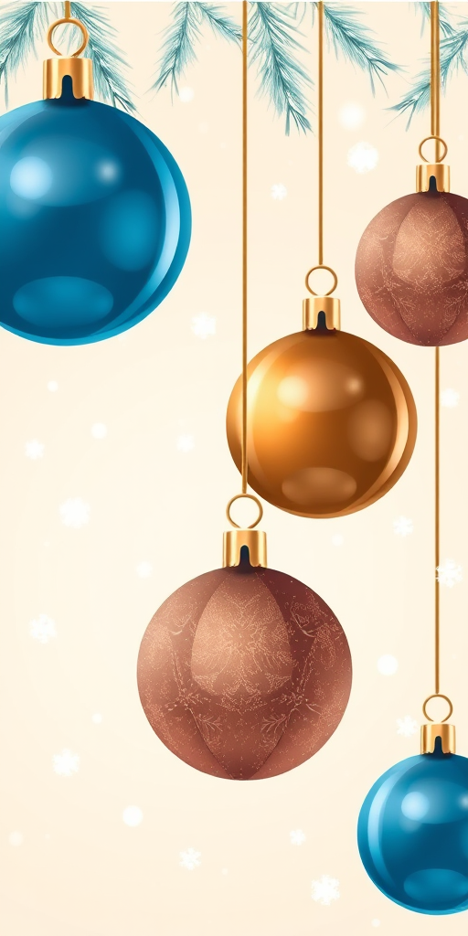 Create a high-resolution digital illustration of a winter-themed background featuring hanging ornaments in shades of blue and brown against a light cream backdrop, include soft snowflakes scattered throughout, simulate a 50mm lens, aperture f/2.8, ISO 100, use a soft focus style for a dreamy effect, and enhance the overall clarity and vibrancy for a festive atmosphere.
