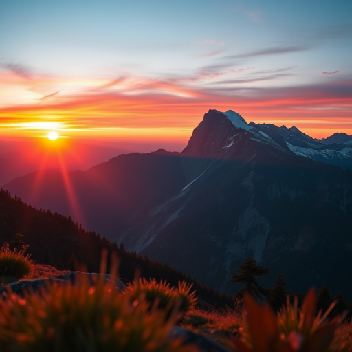 Generate a high-resolution image of a serene mountain landscape during sunrise with vibrant colors, using a DSLR camera, 50mm lens, f/8 aperture, ISO 100, 1/125s shutter speed, taken from a low angle to capture foreground details and emphasize depth.