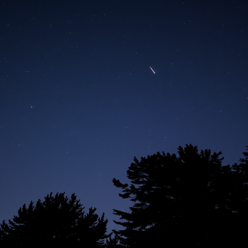 Create a serene night sky scene with a shooting star over a dark silhouette of trees, using a Canon EOS R5 camera, 24mm lens, f/2.8 aperture, ISO 800, 25-second exposure, and a low-angle view to capture the vastness of the sky.