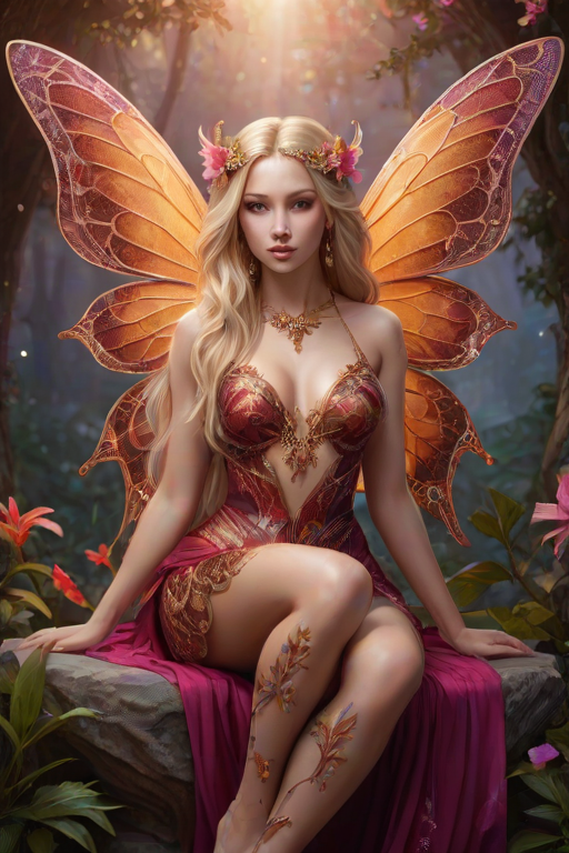 A digital artwork features a winged fairy with delicate Sienna butterfly wings, adorned with intricate Juniper andFuchsia patterns. She is seated on a vibrant Mahogany flower, wearing a revealing red two-piece outfit with sparkling beadwork. Her fair skin, long blonde hair, and gold jewelry add to her ethereal appearance. The background is a warm, golden gradient, creating a magical atmosphere. Small glowing orbs and sparkles surround the flower, enhancing the enchanting, highly detailed, and realistic scene.