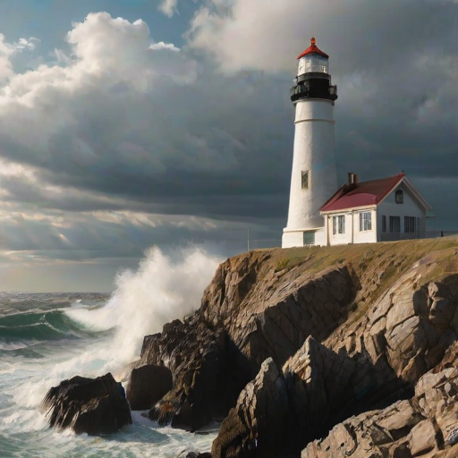 Sharp, detailed image of a lighthouse standing tall on a rocky cliff, waves crashing against the rocks below, soft sunlight filtering through the clouds, distant seagulls flying overhead, the sound of the ocean filling the air.