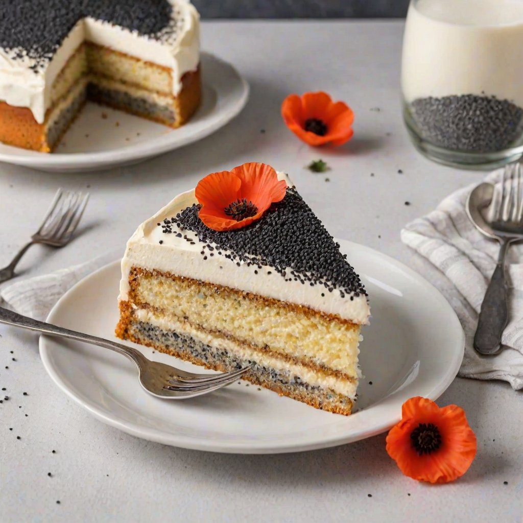Generate an image of a slice of cake on a white plate. The cake is layered with a light-colored sponge and has a creamy white frosting decorated with poppy seeds. A fork is placed next to the slice on the plate. The background is soft and neutral to emphasize the cake.