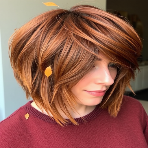 Autumnal copper bob with subtle gold leaf accents, Harvest's hair captures the warmth of fall, with textured layers and face-framing pieces that resemble gently falling leaves