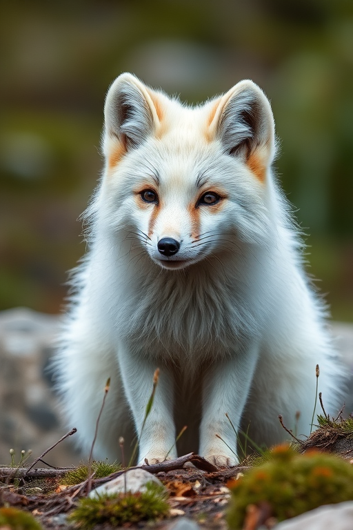 Generate an image of an Arctic fox in a natural setting, captured with a DSLR camera at ISO 200, aperture f/4, shutter speed 1/250 seconds, using a 50mm lens, in soft natural lighting to enhance detail and depth.