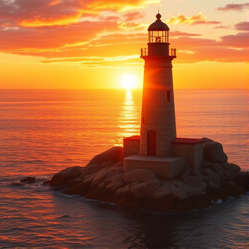Generate an image of a tall lighthouse perched on a rocky outcrop surrounded by calm ocean waters during a breathtaking sunset. The lighthouse stands sturdy and weathered, its stone surface illuminated by the warm golden light of the setting sun. The sun's rays pass directly through the glass lantern room at the top of the lighthouse, casting a brilliant light across the scene. The sky is painted with vibrant shades of orange, pink, and purple, reflecting off the tranquil sea. The surrounding water shimmers with the same warm hues, creating a serene and majestic atmosphere.