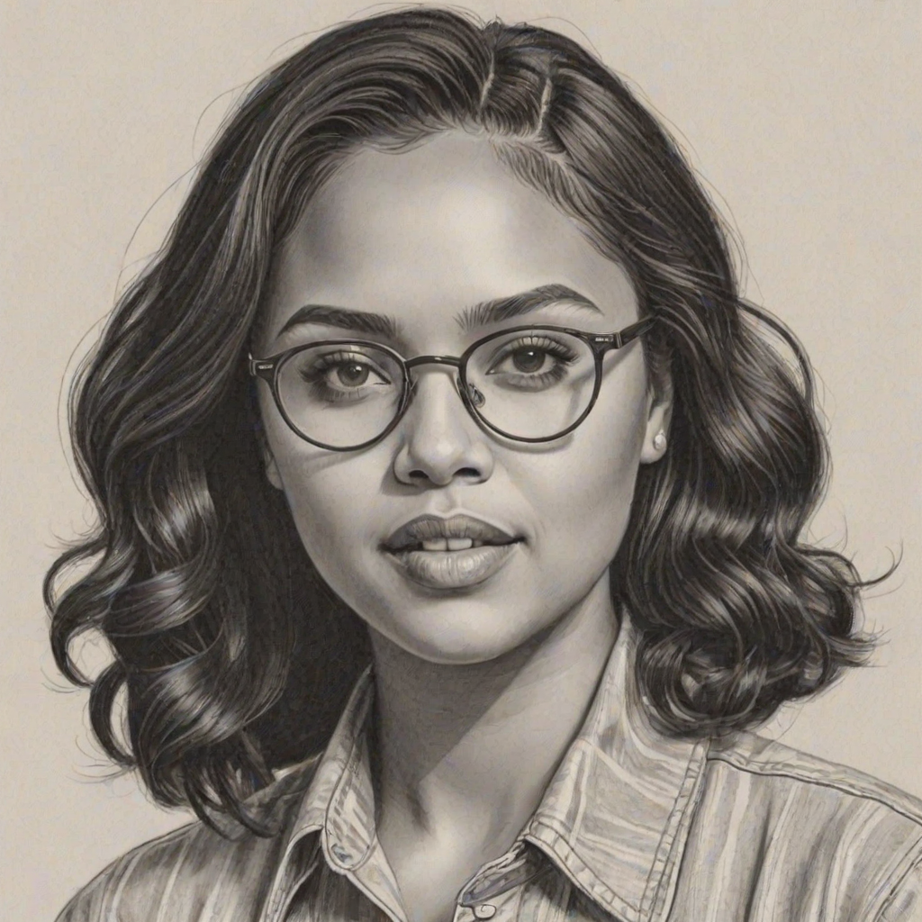 Superb Ayesha Curry, pencil sketch, portrait of Comely woman 1956s in glasses, hair style beatnik, outline, clear lines, fine lines, 8k