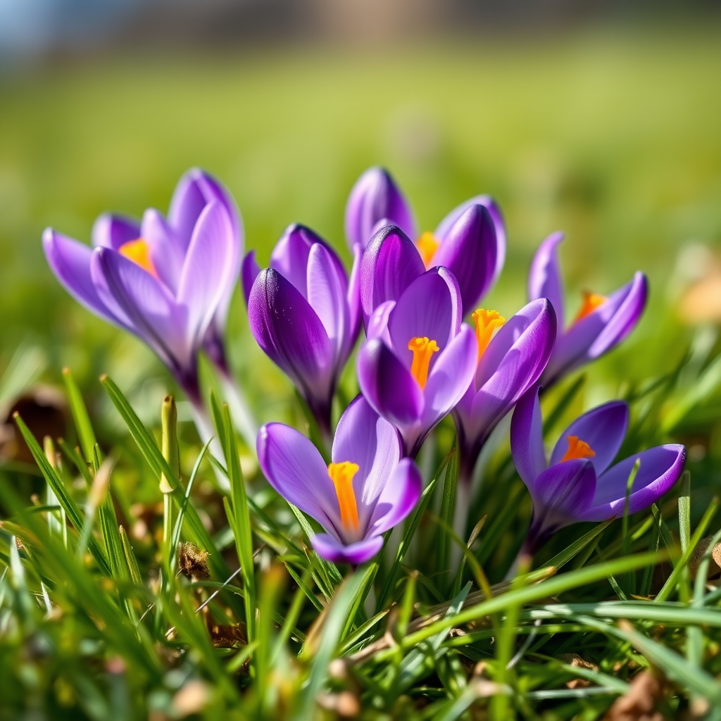 Close-up shot of a cluster of purple crocus flowers on green grass, shallow depth of field, ISO 100, f/2.8, 1/200s, natural light, DSLR camera with macro lens.