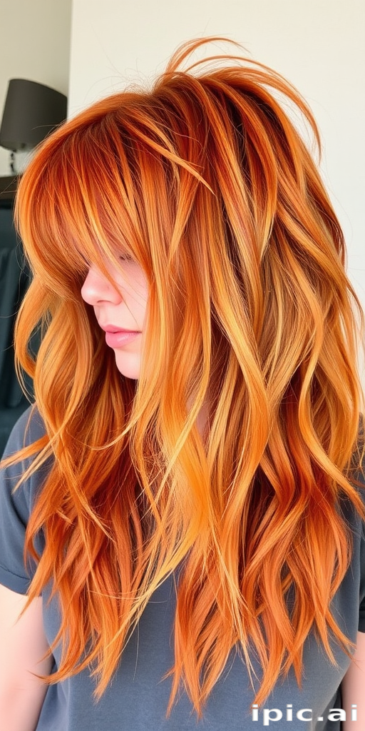 Burnt orange shaggy mullet with honey blonde highlights, known as "Desert Sunset" style, featuring choppy layers and a textured fringe