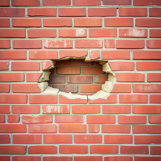 Create an image of a red brick wall with a damaged section revealing vibrant colors behind it, using a DSLR camera with a 50mm lens, aperture f/2.8, ISO 100, shot from a straight-on view in natural light to enhance texture and detail.