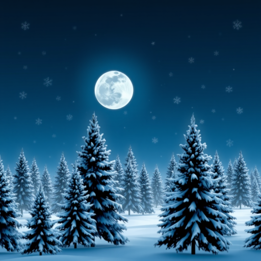 Generate a winter scene featuring a deep blue night sky with a large moon. Include various snowflakes drifting through the air and a forest of snow-covered pine trees in the foreground. The background should have a gradient transitioning from blue to white, creating a serene and magical atmosphere.