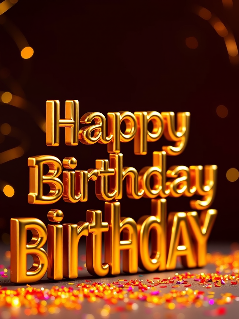 Create a vibrant and festive "Happy Birthday" text design with golden 3D letters, high-resolution, ISO 100, f/2.8 aperture, 50mm lens, soft studio lighting, and a shallow depth of field for enhanced clarity and elegance.