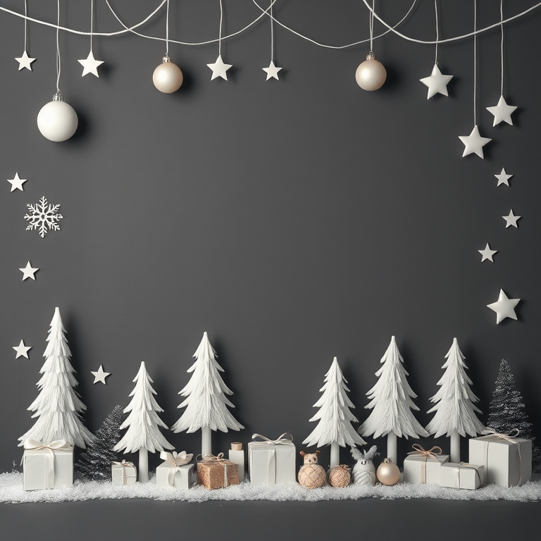 Create a festive holiday background featuring a border of white Christmas trees, ornaments, stars, and gifts on a dark grey backdrop, captured with a Canon EOS R5, 50mm lens, f/1.8 aperture, ISO 100, and a soft focus style for a warm, inviting feel.