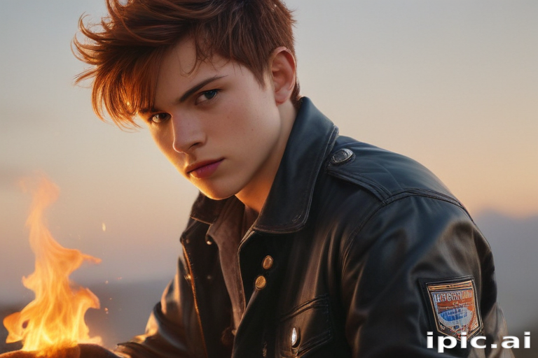 Young Man in Leather Jacket Holding Flames Against a Dramatic Sunset
