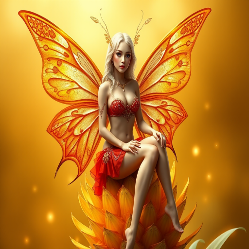 A digital artwork features a winged fairy with delicate Tan butterfly wings, adorned with intricate Tangerine andAsparagus patterns. She is seated on a vibrant Pineapple flower, wearing a revealing red two-piece outfit with sparkling beadwork. Her fair skin, long blonde hair, and gold jewelry add to her ethereal appearance. The background is a warm, golden gradient, creating a magical atmosphere. Small glowing orbs and sparkles surround the flower, enhancing the enchanting, highly detailed, and realistic scene.