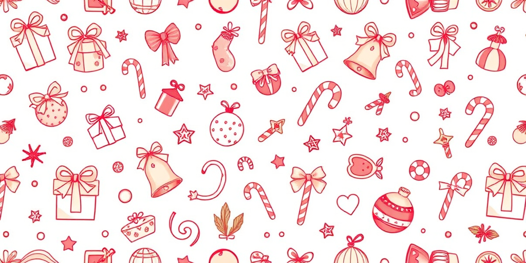 Create a seamless pattern of holiday-themed doodles including gifts, bells, candy canes, and ornaments with soft pastel colors, using a Canon EOS R5 with a 50mm lens at f/2.8, ISO 100, and a bright ambient light for a clean and vibrant look.