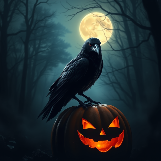 A raven perched on a carved pumpkin with a sinister grin glowing from within surrounded by a dark forest and misty moonlight creating an eerie atmosphere.