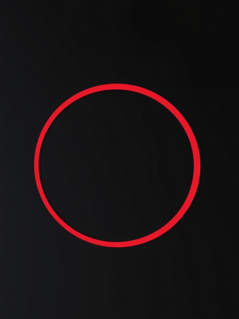 Create a high-resolution image of a simple red circular outline on a black background, using a DSLR camera set to f/2.8 aperture, ISO 100, and a shutter speed of 1/125 sec, shot from a straight-on view with a shallow depth of field for a clean presentation.