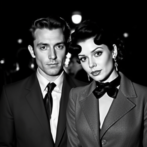 Black-and-white photograph, couple, tailored suits, retro hairstyles, film noir style, Tilt the camera for a dynamic Dutch angle using a versatile 24-70mm lens