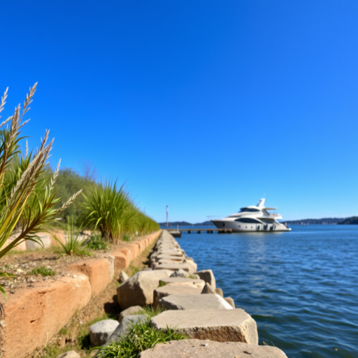 Generate an image of a waterfront scene featuring a path lined with rocks and plants, a boat docked in the distance, under a clear blue sky; use a wide-angle lens at f/8 for depth of field, ISO 100, and a shutter speed of 1/250 sec, shot with a DSLR camera from a low angle to enhance foreground details.