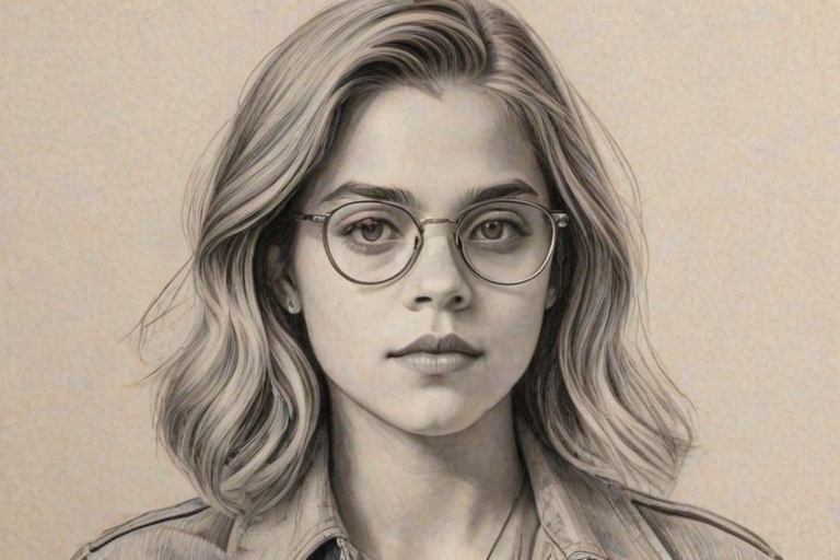 Ravishing Dylan Sprouse, pencil sketch, portrait of Pleasing woman 1922s in glasses, hair style beatnik, outline, clear lines, fine lines, 8k