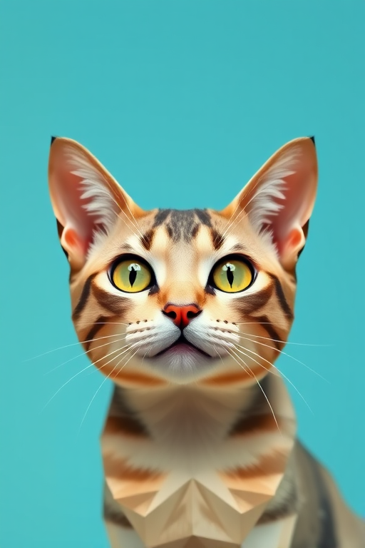 Create a high-resolution digital art piece of a cat with exaggerated features in a geometric, low-poly style, against a two-tone background of blue and green, using a Canon EOS R5 camera with a 85mm f/1.2 lens, set to ISO 100, aperture f/8, shutter speed 1/200s, shot from a close-up perspective with natural light for enhanced clarity and color vibrancy.