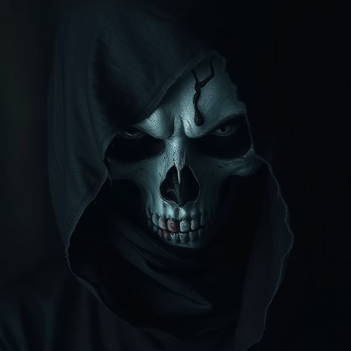 Create a high-resolution portrait of a mysterious figure with a hollow, menacing face partially obscured by tattered fabric, captured in moody low light, using a Canon EOS R5 with a 50mm f/1.2 lens at ISO 100, aperture f/1.2, and a shutter speed of 1/125s, shot from a slightly low angle to enhance the unsettling atmosphere.