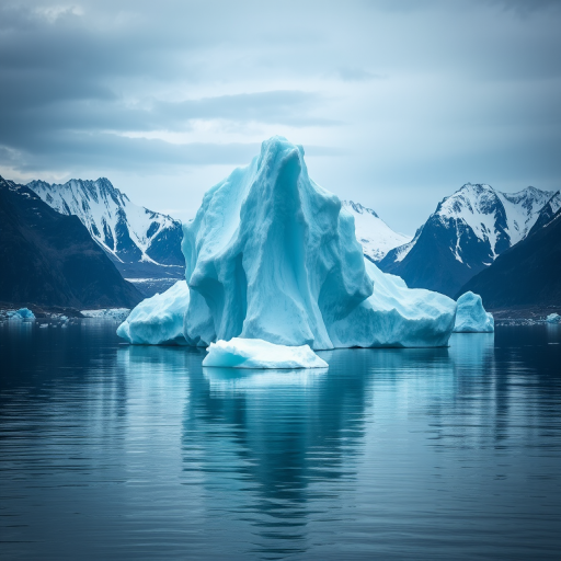 Capture a high-resolution image of a serene polar landscape featuring a massive iceberg floating in calm waters, with majestic snow-capped mountains in the background, using a Canon EOS 5D Mark IV camera at f/8 aperture, ISO 100, 1/125s shutter speed, shot from a wide-angle perspective at eye level, with natural lighting to enhance clarity and detail.