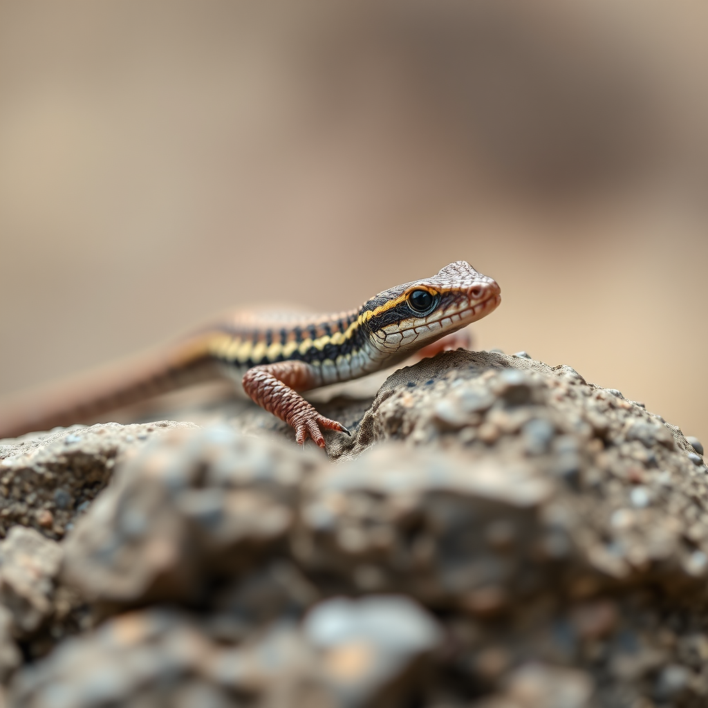 regenerate an image of a skink resting on a rock with a shallow depth of field, using a Canon EOS 5D Mark IV, 100mm f/2.8 macro lens, aperture f/2.8, ISO 200, shutter speed 1/250s, natural light, slightly off-center composition