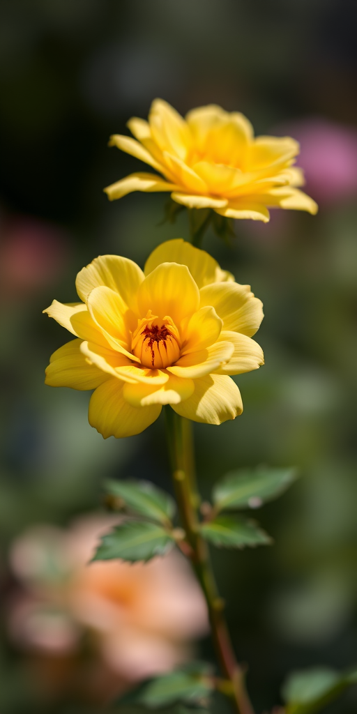 photograph of two yellow roses with orange centers in natural light, shallow depth of field, ISO 100, f/2.8, 50mm lens, taken with a DSLR camera, focus on petals, soft background blur