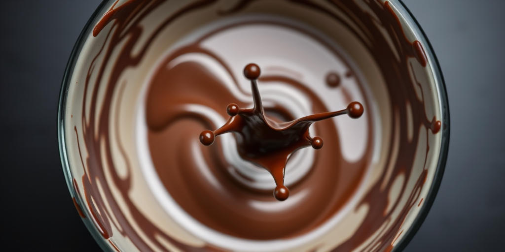 high-speed capture of a chocolate splash in a bowl, DSLR camera, f/8 aperture, 1/1000 sec shutter speed, ISO 200, top-down view, macro lens, softbox lighting for enhanced detail and clarity