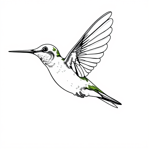 hummingbird in flight, detailed line art, high contrast, white background, 50mm lens, f/2.8 aperture, 1/500 sec shutter speed, natural lighting, close-up view, digital illustration