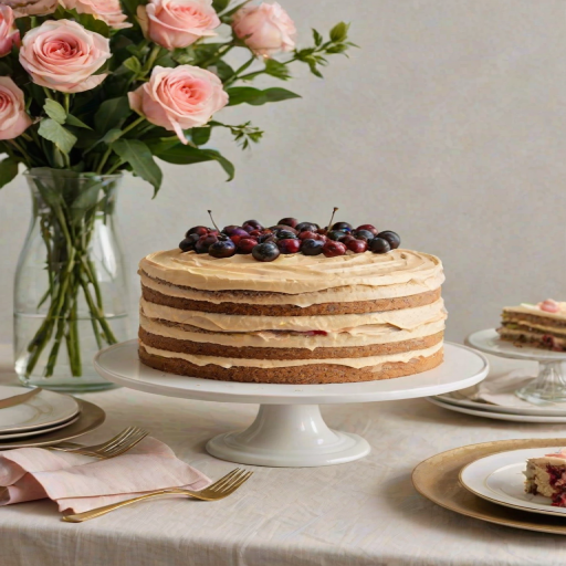 Generate an image of a beautifully layered cake on a white pedestal stand. The cake has multiple layers with a light brown frosting on top. A slice is plated beside the cake, showcasing its layered interior. Surround the cake with elegant table settings, including forks and glasses, on a soft-colored tablecloth.