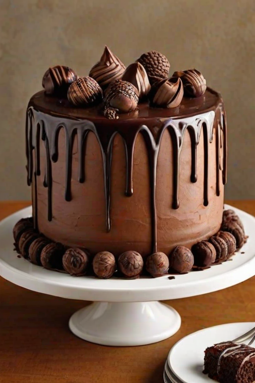Create an image of a decadent chocolate cake that features a variety of chocolate elements. The cake should be square-shaped with a smooth chocolate ganache finish. Decorate the top with an assortment of chocolate treats, such as chocolate cookies, truffles, and a large chocolate cone. Add some chocolate drizzle cascading down the sides, and sprinkle some decorative elements like nuts and chocolate shavings for an appealing touch. The setting should be bright and inviting, highlighting the cake's rich textures and colors.