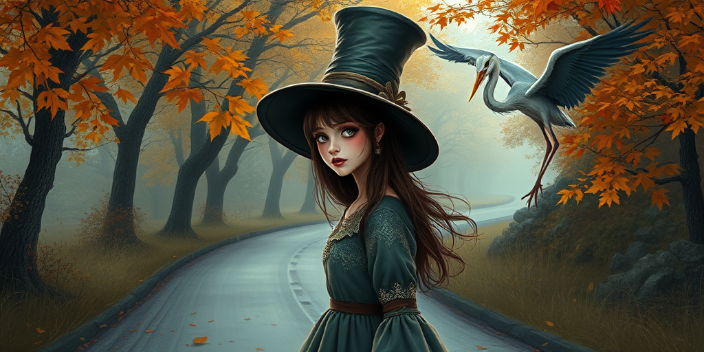 digital art fantasy depicting a strange girl with brown hair, long eyelashes, red lipstick and a tall hat walking along a winding road on an autumn afternoon, an Heron smiles as she passes