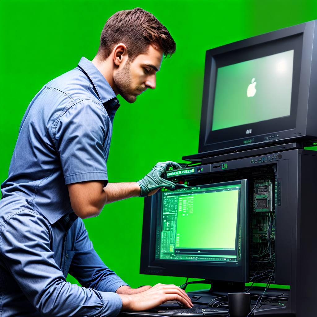 Man working on computer with green background