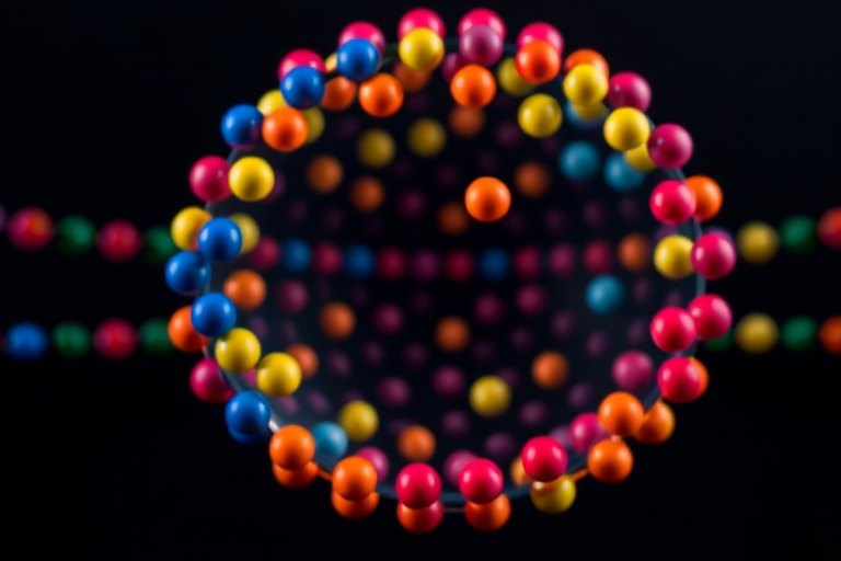 Create a vibrant 3D rendered sphere composed of colorful spheres arranged in horizontal and vertical lines, with a depth of field effect, using a Canon EOS R5 camera with a 50mm lens at f/1.8, capturing the image from a low angle to emphasize the spherical structure against a dark background, ensuring high resolution and sharp details.