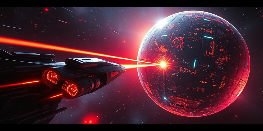 space scene featuring a futuristic spacecraft engaged in a laser attack on a massive spherical space station, vibrant colors reflecting off the ship's surface, high detail, cinematic lighting, captured with a Canon EOS R5, 24mm lens, f/2.8, ISO 100, 1/100s exposure, wide-angle view, digital painting style, vivid and sharp focus