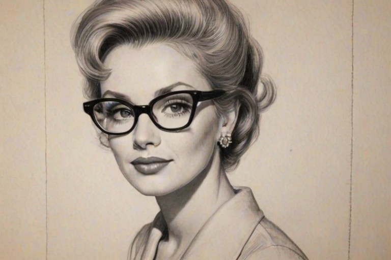 Enticing Julia Duffy, pencil sketch, portrait of Stunning woman 1956s in glasses, hair style beatnik, outline, clear lines, fine lines, 8k