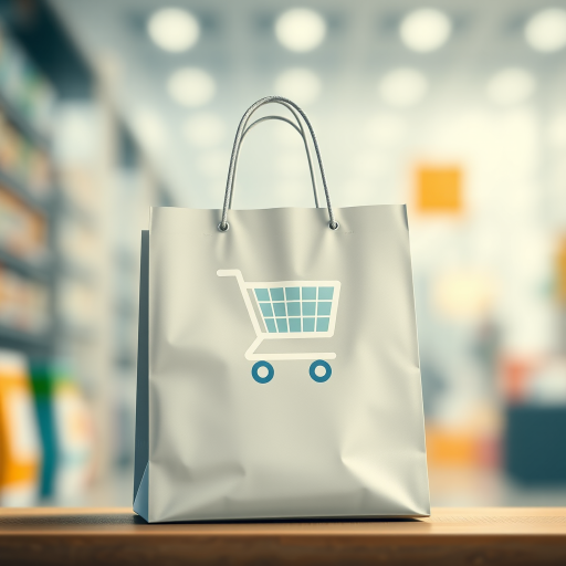 create a realistic illustration of a shopping bag with a cart logo, use 50mm lens, f/2.8 aperture, focus on the bag, aerial view, DSLR camera, high dynamic range to enhance details and colors