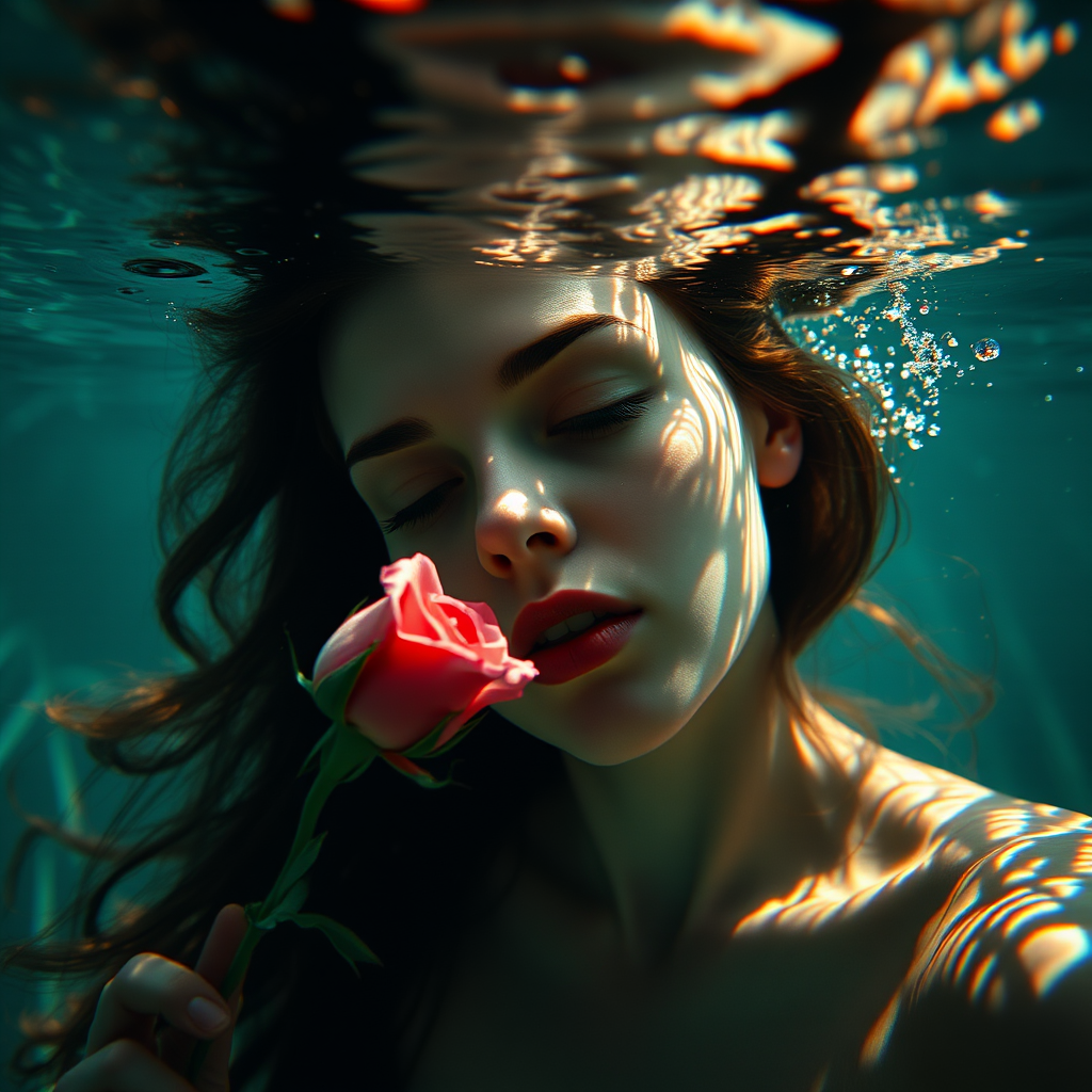 A woman underwater, gazing at a rose Her face is reflected in the water's surface The scene is illuminated by sunlight filtering through the water The atmosphere is serene and contemplative