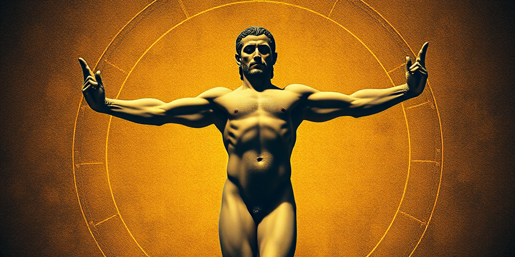 Create a high-resolution image of the Vitruvian Man with the golden ratio overlay, captured with a Canon EOS R5 at f/8, ISO 100, 50mm lens, in a frontal view, using a fine art photography style.