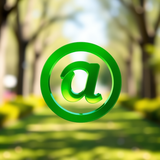 Create a vibrant green circular symbol with a stylized '@' in the center, using a professional DSLR camera, 50mm lens, f/2.8 aperture, 1/125 sec shutter speed, and ISO 100, with a soft natural light background to enhance clarity and detail.