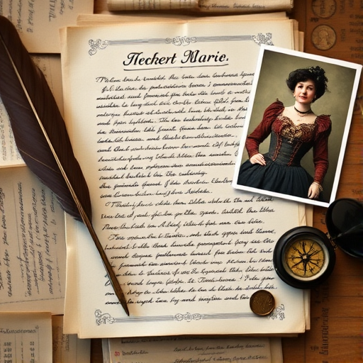 Create a vintage-style flat lay of an old manuscript, a quill, a photo of a lady in Victorian attire, brass coins, and a pocket compass, using a DSLR camera with a 50mm f/1.8 lens, aperture set to f/2.8, ISO 100, and a shallow depth of field to enhance focus on the objects while blurring the background.