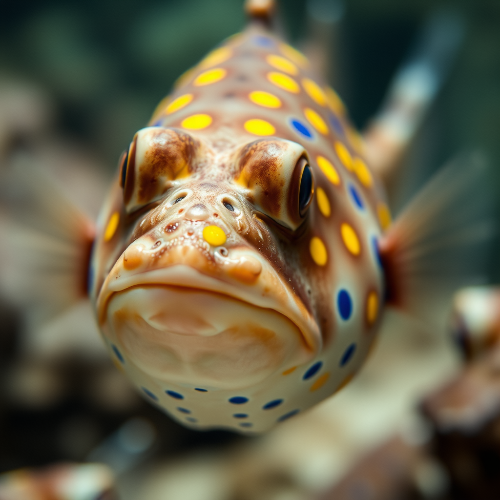 A highly detailed portrait of a fugu fish with bright yellow and blue polka dots, underwater scene with soft lighting, captured with a Canon EOS R5, 50mm f/1.2 lens, aperture f/2.8, ISO 200, 1/100s shutter speed, macro shot with a shallow depth of field.
