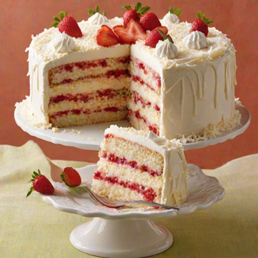 Generate an image of a moist layered cake with a rich cream frosting. The cake should have visible layers of light sponge and a fruity filling, possibly strawberry or raspberry, peeking through the frosting. The exterior should be generously covered in shredded coconut, adding texture and a tropical feel. The setting should be bright and inviting, highlighting the cake's delicious details.