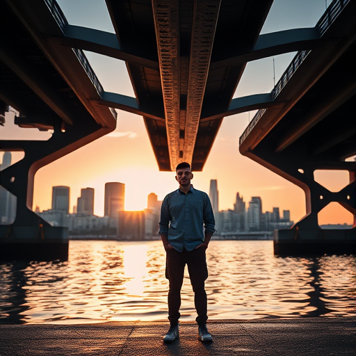 Capture a man standing by the water under a bridge during sunset, with city skyline in the background, using a Canon EOS R5, 50mm lens, f/1.8 aperture, ISO 100, 1/200 sec shutter speed, shot from a low angle to emphasize the bridge structure and reflections in the water.