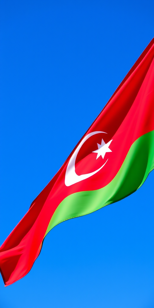 Generate a high-quality image of the Azerbaijani flag with a clear blue sky, vibrant red and green colors, captured using a DSLR camera with a 50mm lens at f/2.8, ISO 100, and a shutter speed of 1/200s, focusing centrally to highlight the flag's details.